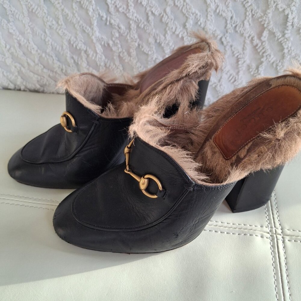 GUCCI Princetown Fur Horsebit Mule Heels Clogs - Picture 2 of 13